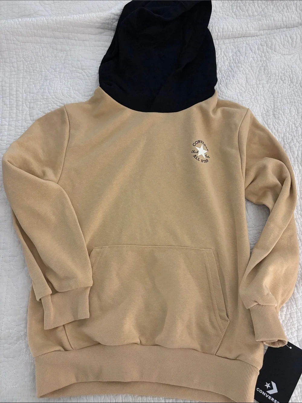 Boys Converse Two-Tone Hoodie — Tan Body with Black Hood Size M Medium NWT
